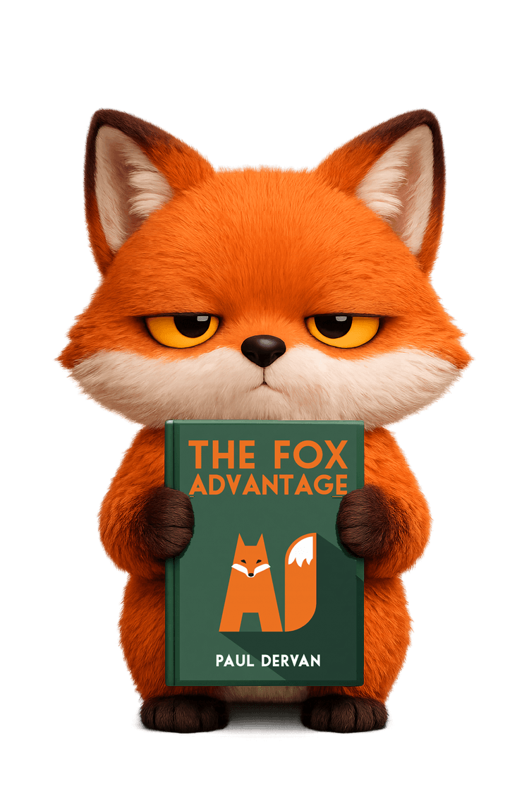 Grumpy fox holding The Fox Advantage